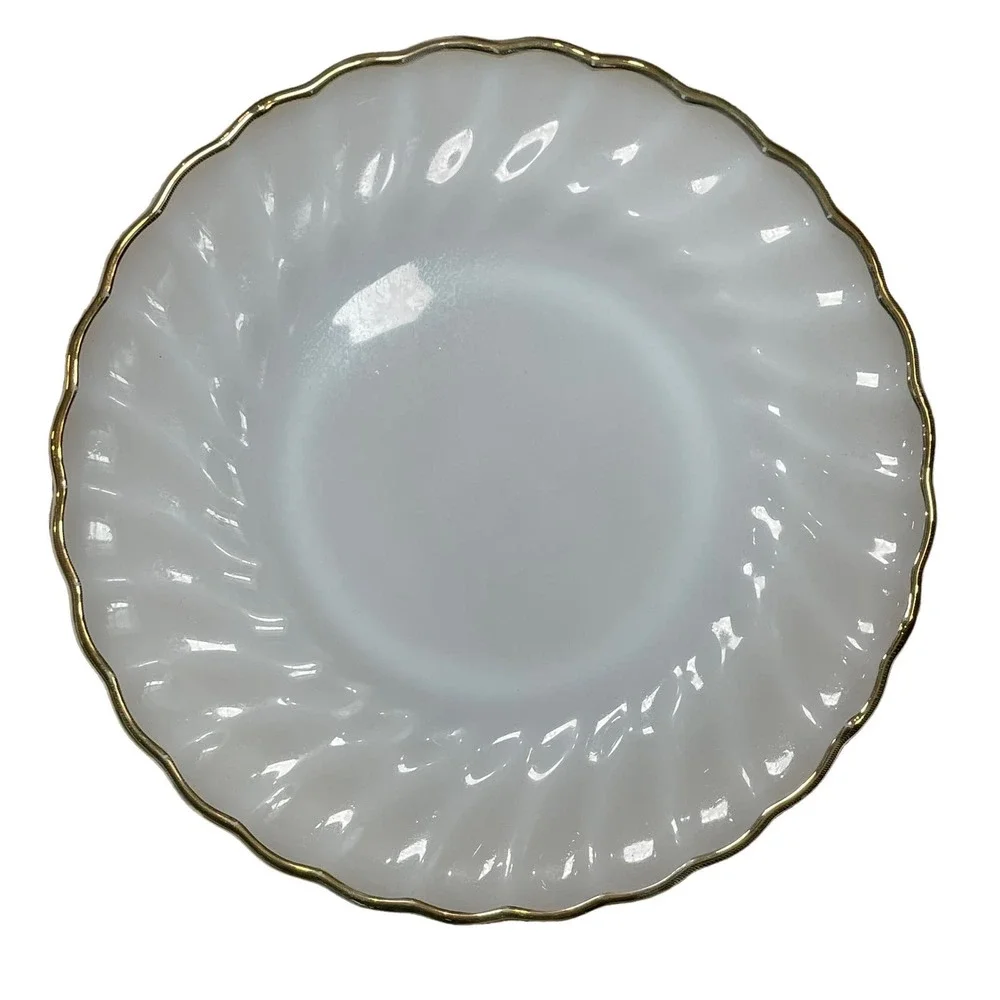 Fire King Dinnerware Swirl Salad Plates Milk Glass Gold Dessert Replacements Two